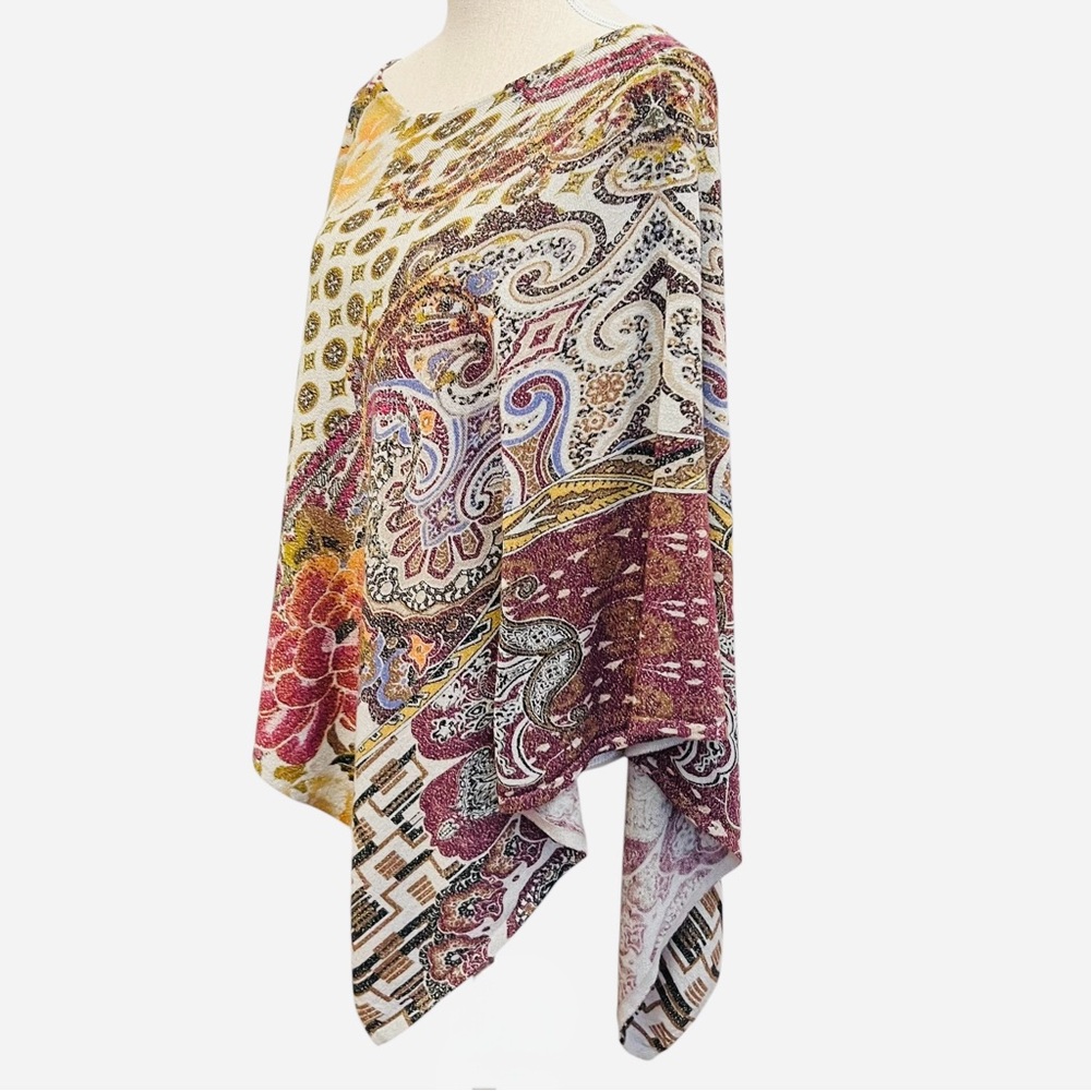 Chico's Floral Paisley Cotton Blend Shimmer Asymmetrical Poncho S/M